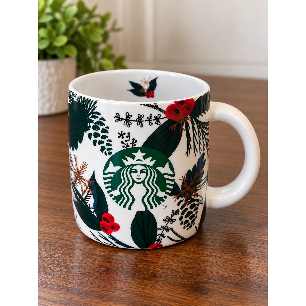 Starbucks 2021 Holiday Coffee Mug 12oz White Pinecone Holly Berry Siren Logo